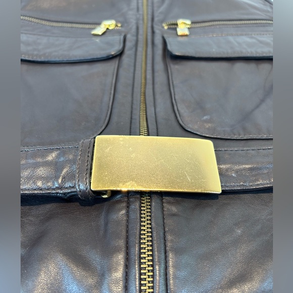 Preston & York Sz S Belted Brown Leather Biker Vest Jacket Gold hardware Zip - Picture 4 of 15